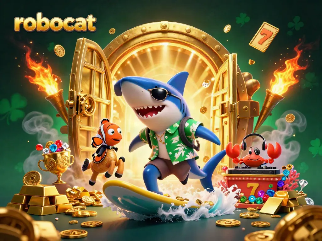 Robocat casino illustration showcasing a cartoon shark surfing on gold coins with dynamic slot elements.