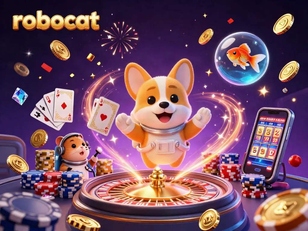 Robocat explores exciting casino adventures with dynamic games and treasures in this vibrant illustration.