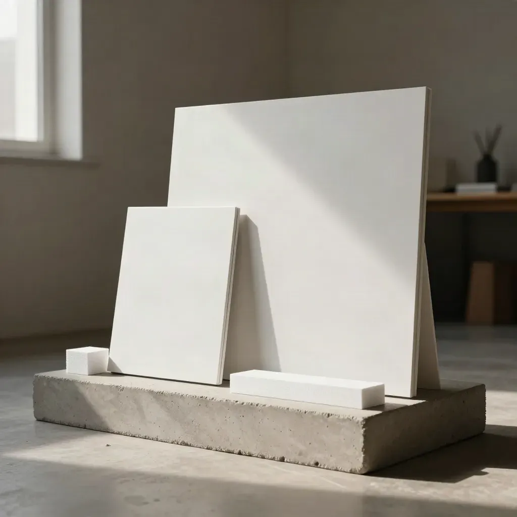 Maquetas responsivas de desktop, tablet y móvil sobre un plinto de hormigón, luz cálida.