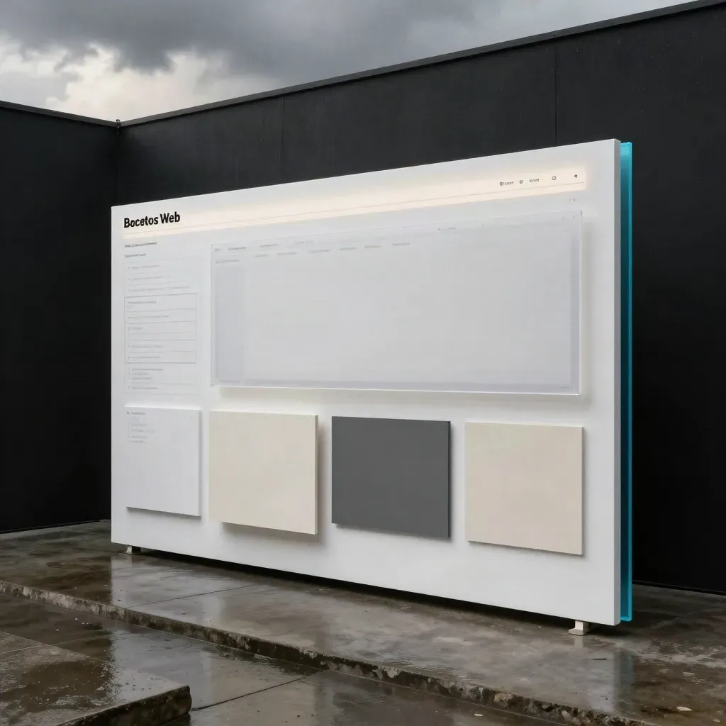 Mockup de homepage web con wireframes y paneles, en luz dramática tras la lluvia.