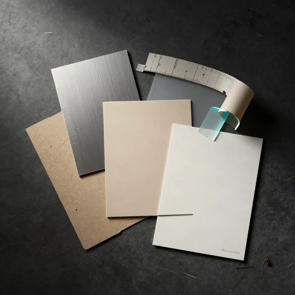 Mood board de marca con tarjetas en blanco, chips de textura y una paleta cian sobre piedra oscura.