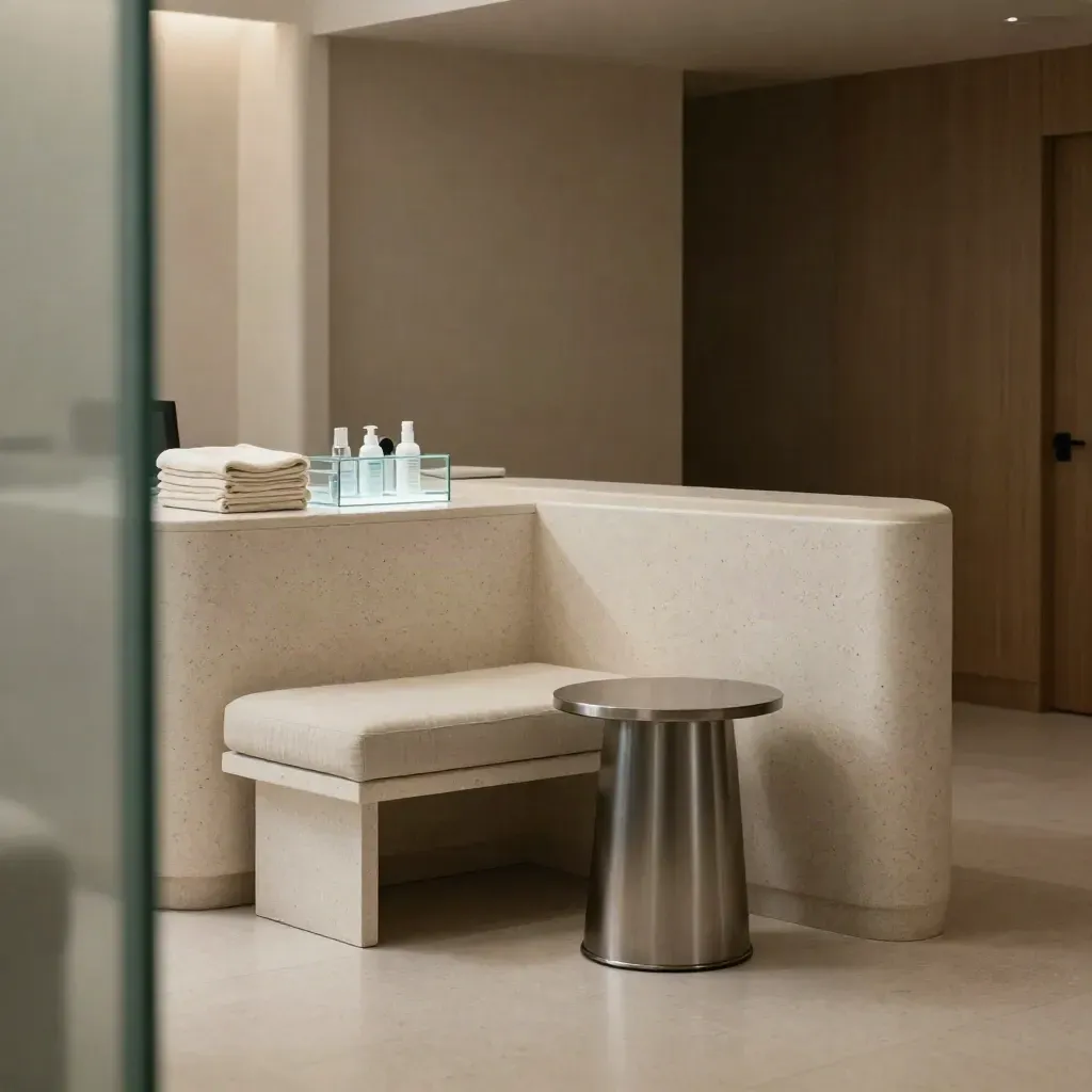 Recepción de clínica estética lista, vacía y luminosa, con mostrador de piedra y toallas dobladas.