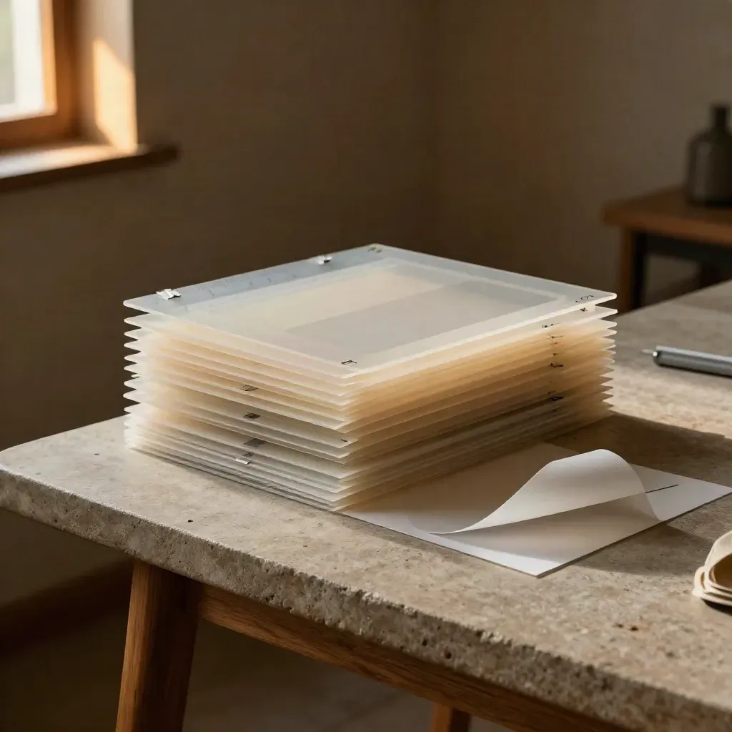 Pila de prototipos web con acetatos y bloques alineados en una mesa cálida y luz suave.