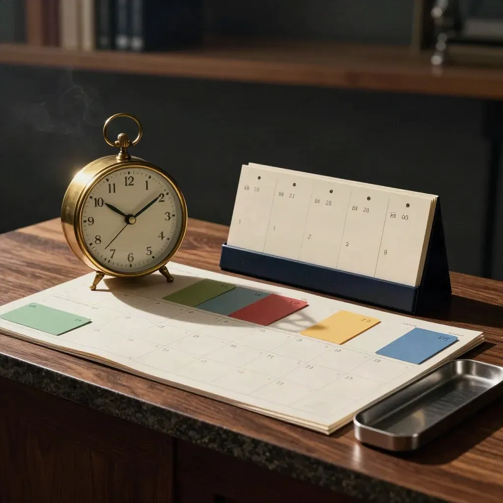 Reloj de latón, tarjetas de colores y calendario sobre una superficie de planificación.