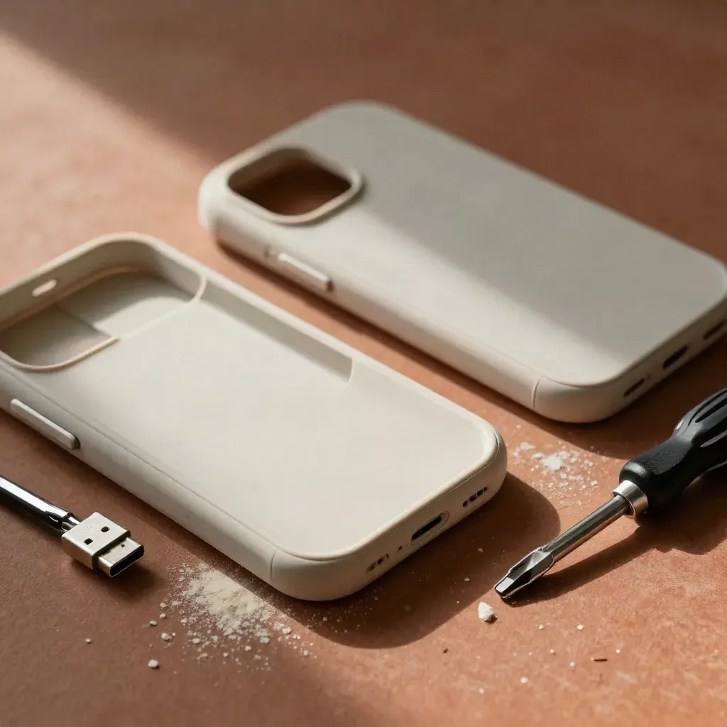 Kit de prototipos con carcasas, modelos de espuma y conector USB-C sobre banco terracota.