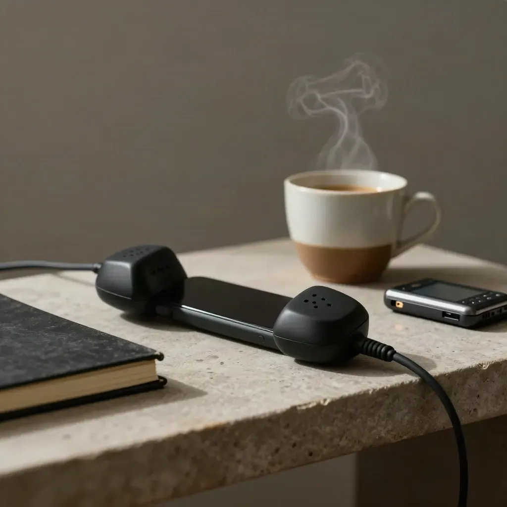 Teléfono negro, cuaderno cerrado, taza de espresso y grabadora sobre piedra gris con luz suave.