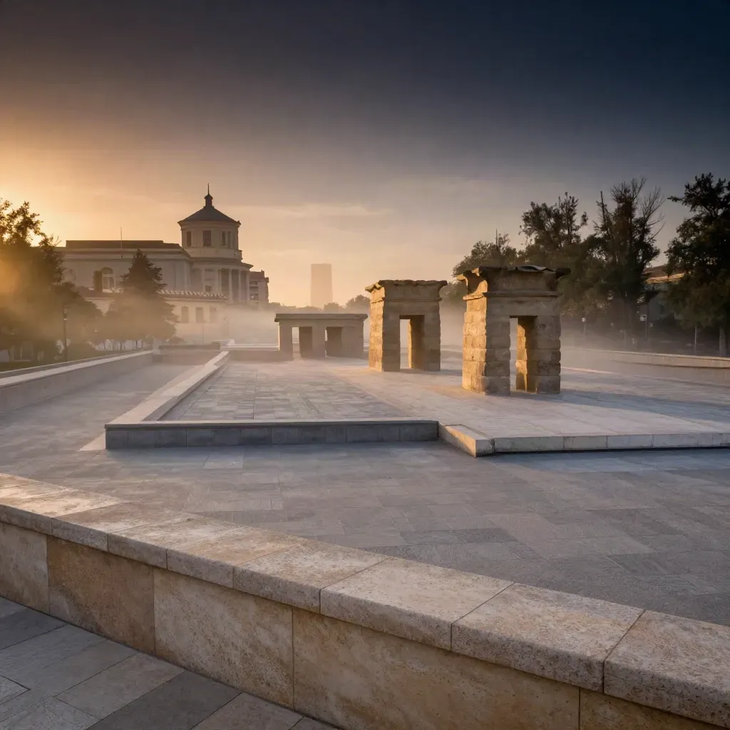 Panorama de Madrid al atardecer con el Templo de Debod y torres lejanas bajo bruma cálida.