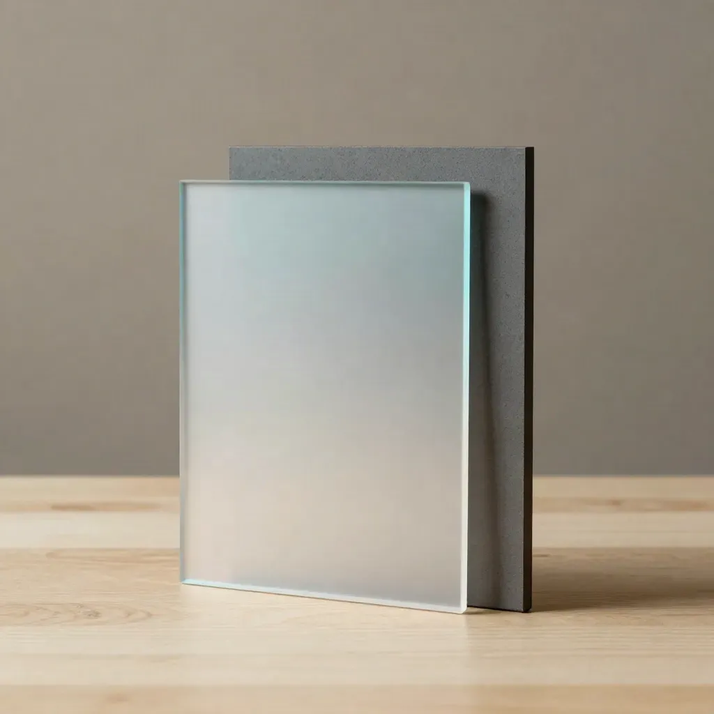 Acetato esmerilado, bloque de grafito y maqueta en madera clara, con luz suave lateral.