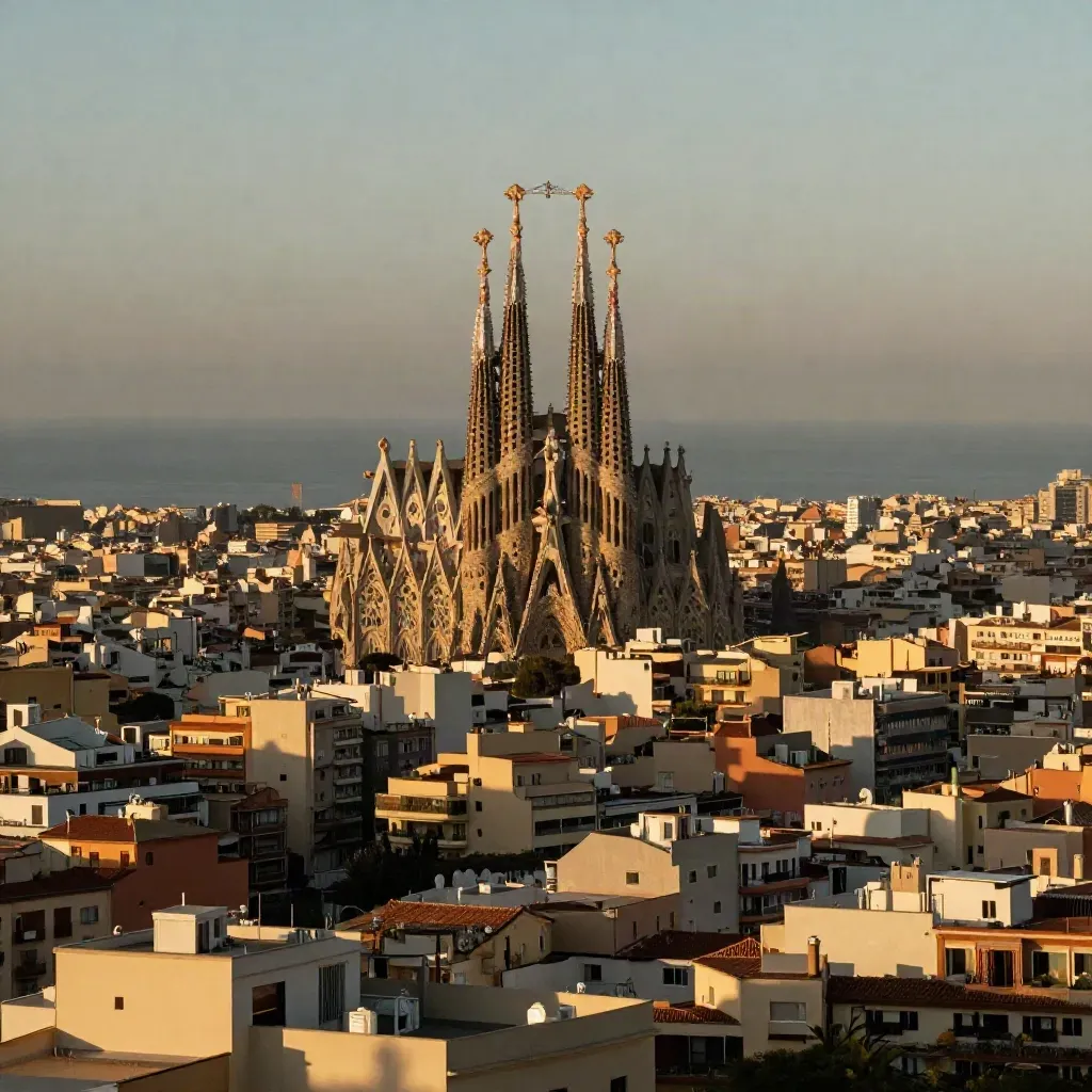 Barcelona al atardecer con la Sagrada Família sobre el Eixample y el mar al fondo.