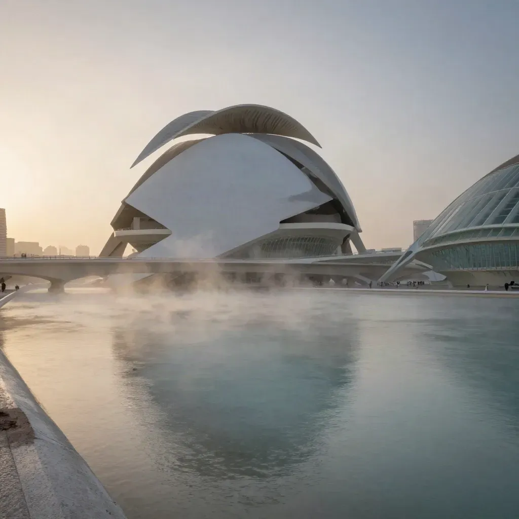 Vista al amanecer de la Ciudad de las Artes y las Ciencias entre niebla suave.