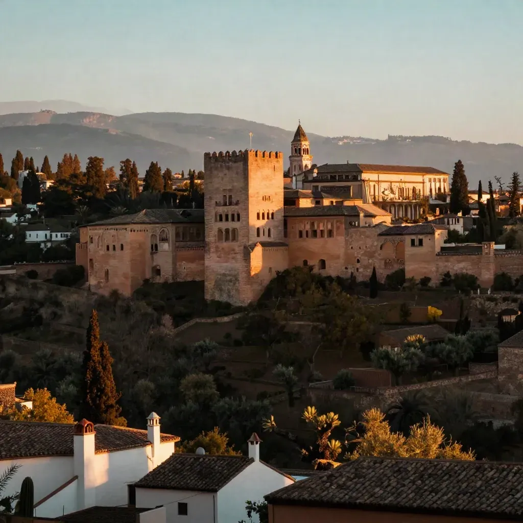 La Alhambra al atardecer sobre los tejados blancos de Granada, con niebla cálida y luz ámbar.