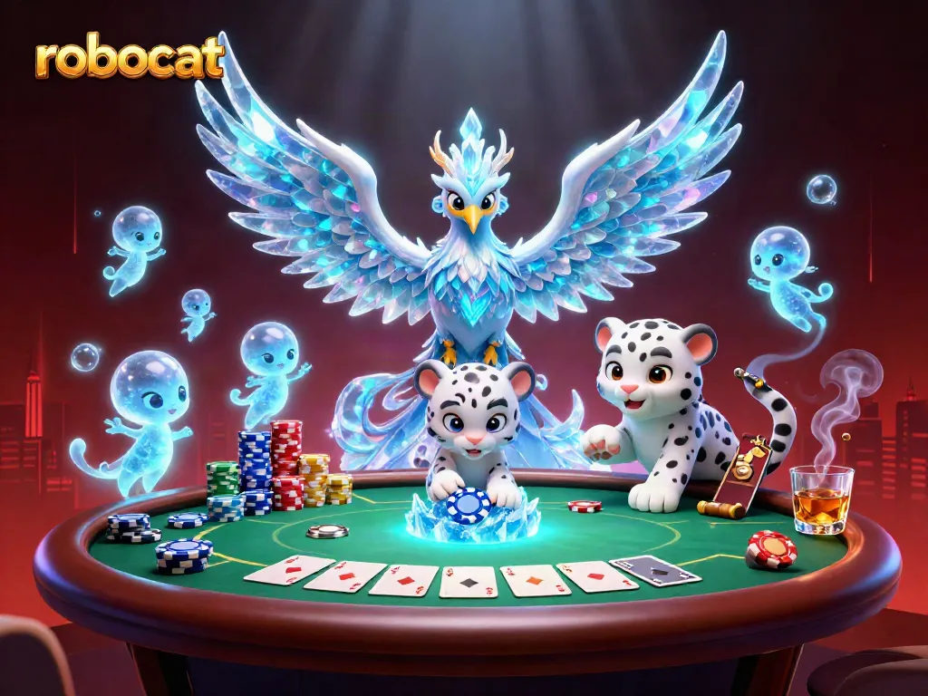Robocat spins to win at the poker table, showcasing dynamic gaming action with vibrant graphics.