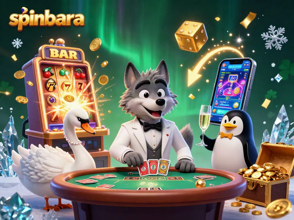 Spinbara casino experience with a debonair wolf, elegant swan dealer, and sophisticated penguin serving champagne amidst a jackpot explosion.
